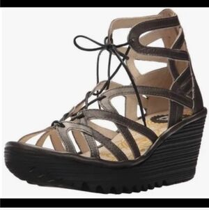 Fly London Gun Metal Gray Metallic Strappy Wedges 38